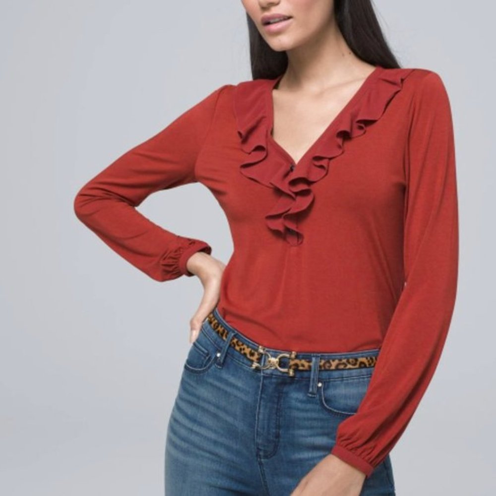WHBM Burnt Sienna Flounce-Trim Top Size Medium